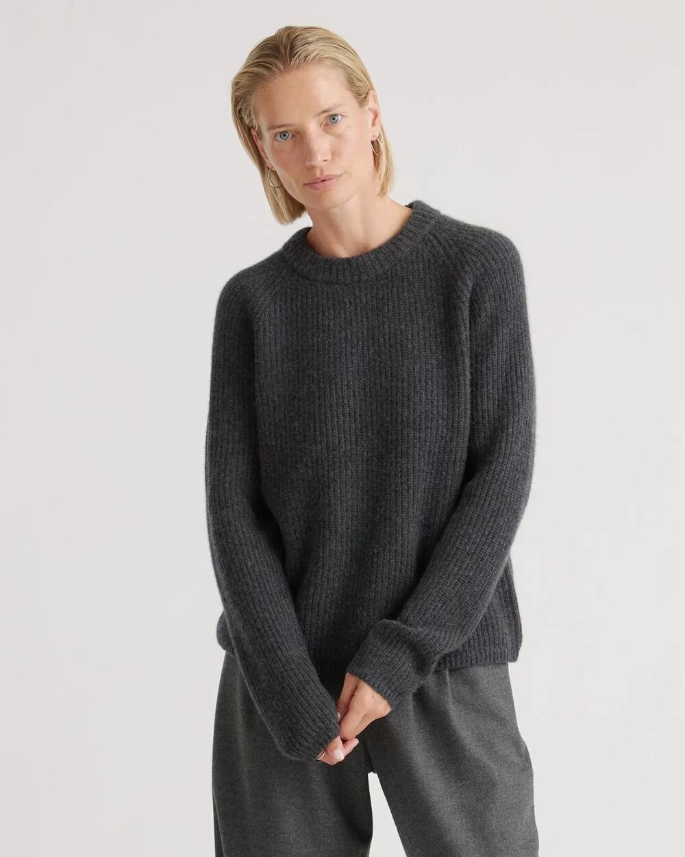 Quince Women Mongolian Cashmere Fisherman Crewneck Sweater Gray XL